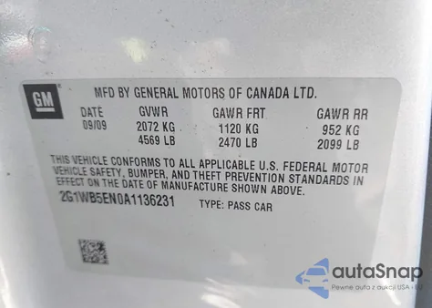 2010 Chevrolet Impala Lt z USA, uszkodzony, nr VIN 2G1WB5EN0A1136231